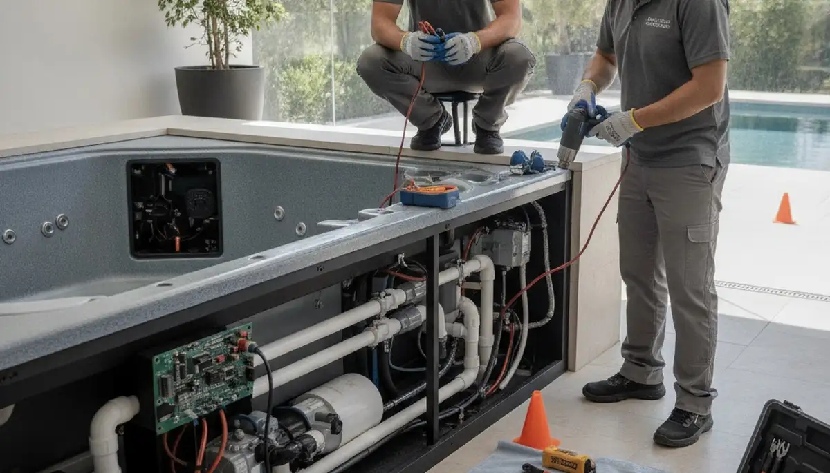 Philadelphia, PA spa repair technician servicing a home spa for reliable plumbing maintenance