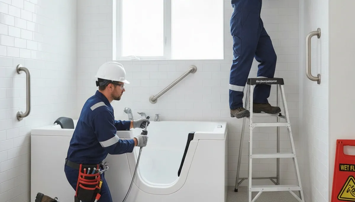 Philadelphia plumber installing a walk-in tub for a home, improving safety and comfort in PA bathroom repair